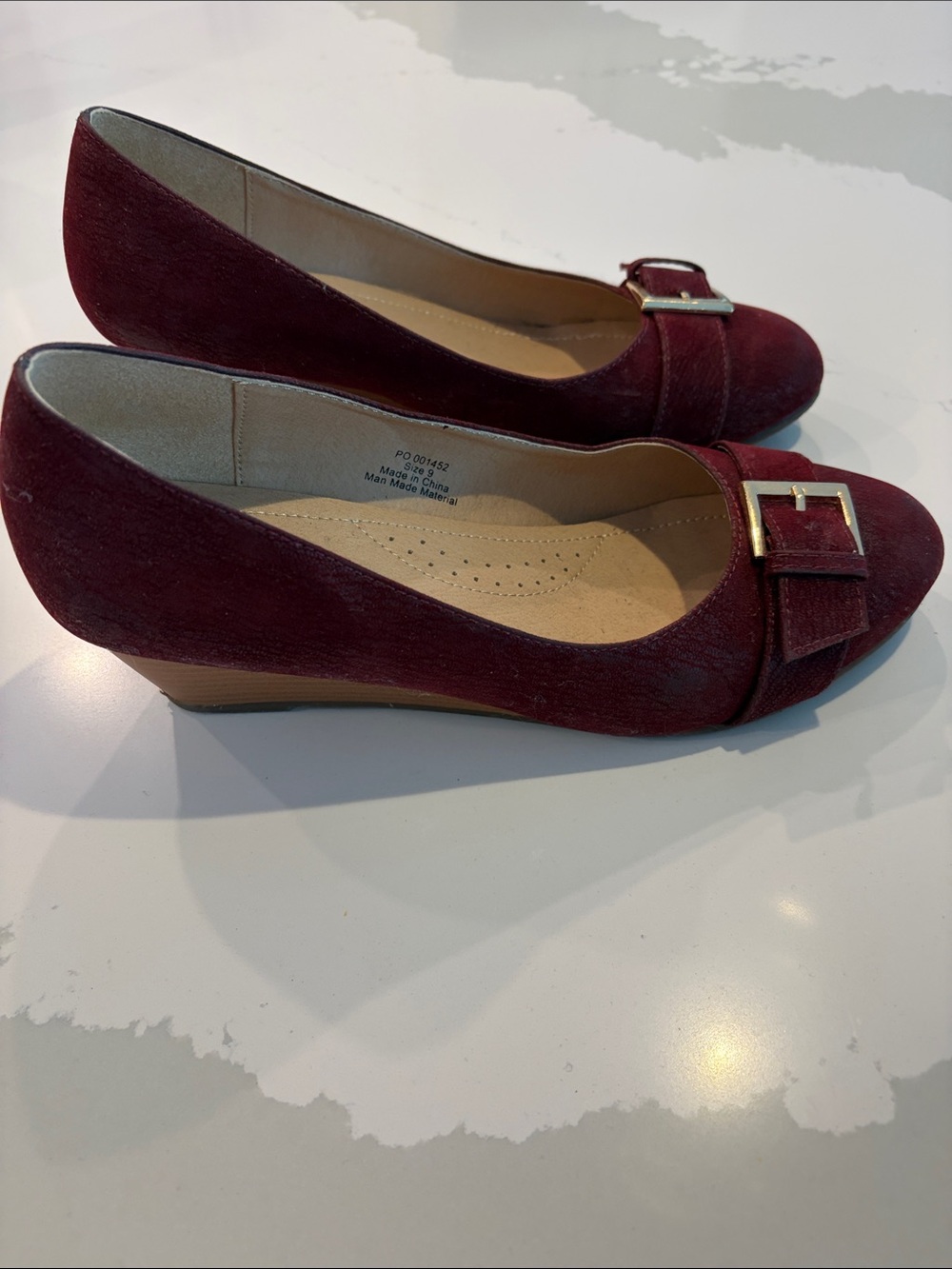 Women's Size 9 Burgundy Suede Wedge Pumps with Buckle Detail